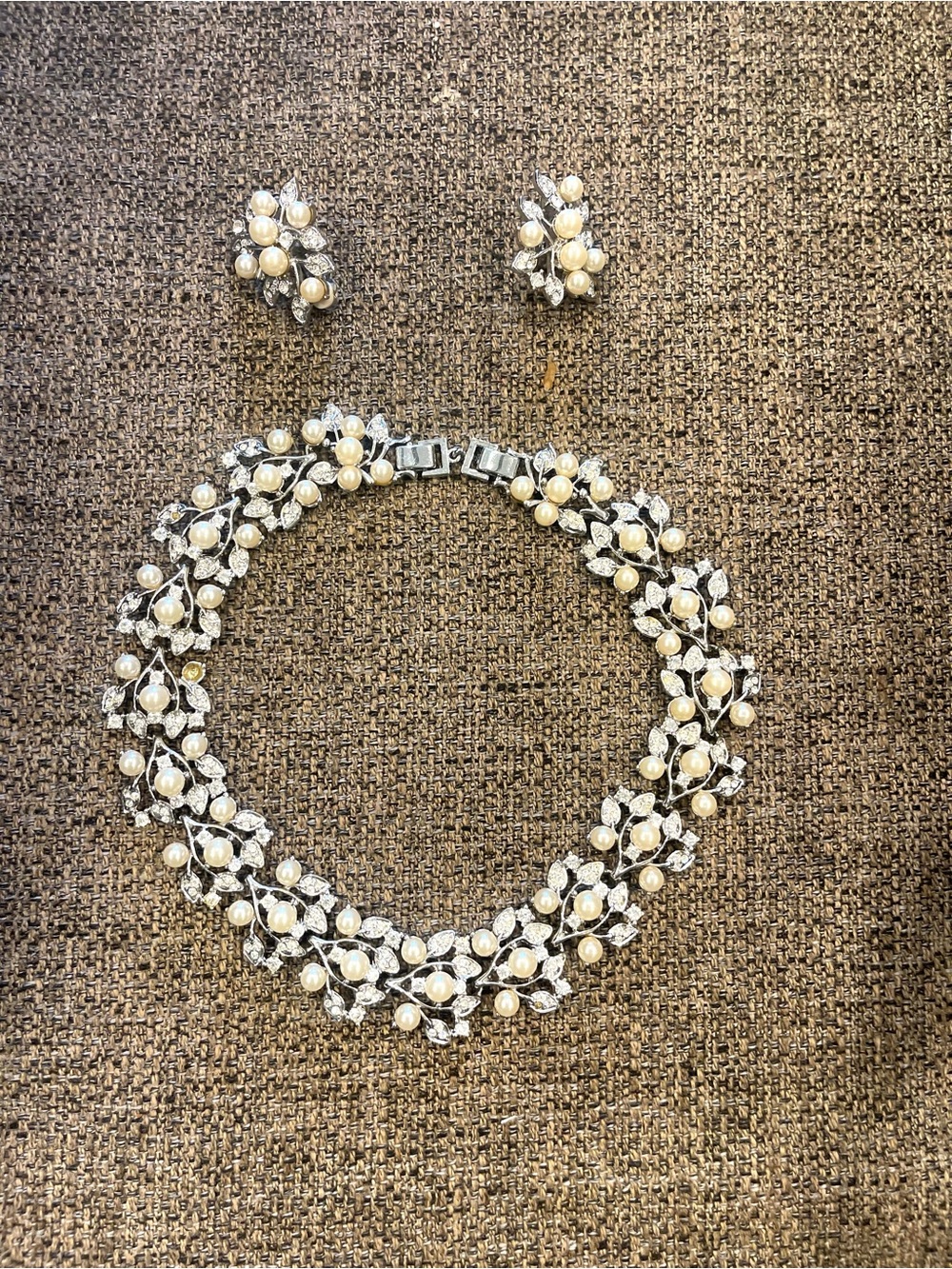 Pearl and Crystal Statement Necklace Set - Ivory Pearls on Silver Tone